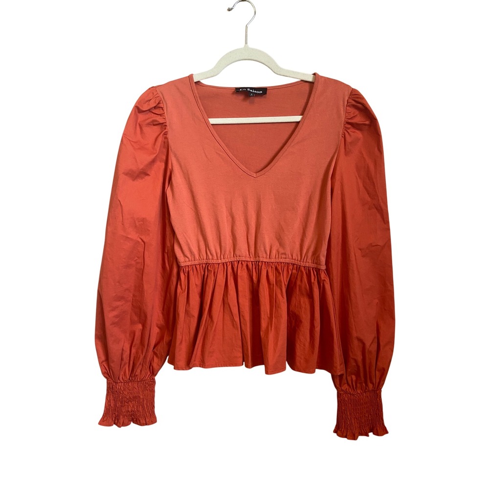 En Saison Coral Orange Mixed Media Peplum Top Puff Sleeve V-Neck Small